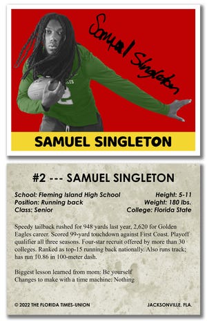 Photo Illustration: Fleming Island running back Samuel Singleton is a selection on the Times-Union's annual Super 11 team for high school football in the 2023 recruiting class.