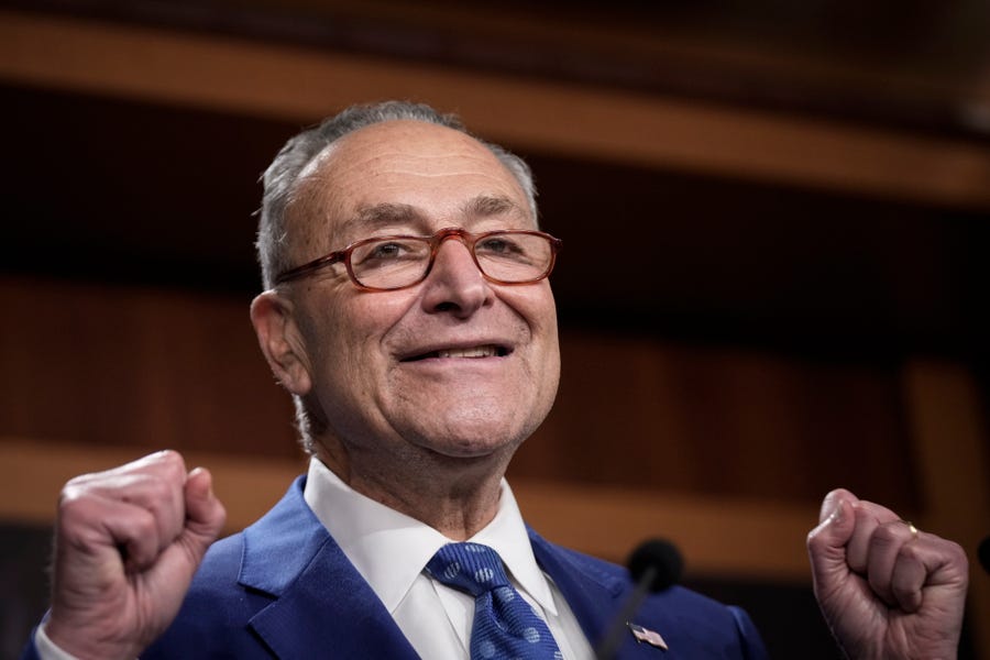Senate Majority Leader Chuck Schumer (D-NY) speaks during a news conference after passage of the Inflation Reduction Act at the U.S. Capitol August 7, 2022 in Washington, DC. The Senate worked overnight Saturday into Sunday as they moved toward final passage of Senate budget reconciliation deal, which Senate Democrats have named The Inflation Reduction Act of 2022.