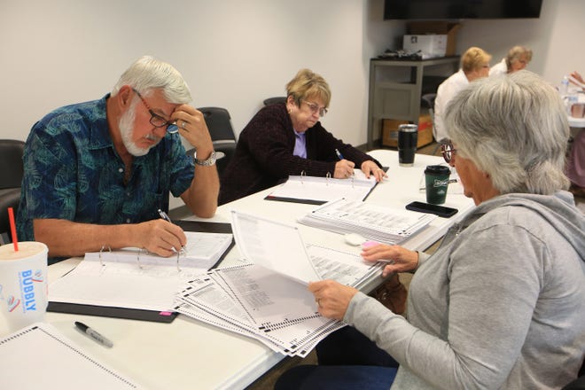 Jan Rudicel, right, calls out names as Kent Rudicel and Karen Troyer, back, mark the number in the books during a full hand audit of the walk-in advance voting from the Aug. 2, 2022, primary election at the Reno County Annex. Election officials will decide election night whether to tally write-in ballots that night or wait until the next day, depending on whether a race looks close.
(Photo: Sandra J. Milburn/The Hutchinson News)