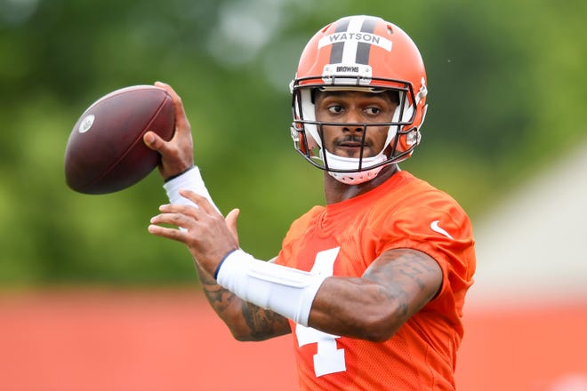Deshaun Watson (4) of the Cleveland Browns throws a pass during the Cleveland Browns' mandatory minicamp at CrossCountry Mortgage Campus on June 14, 2022, in Berea, Ohio. (Photo by Nick Cammett/Getty Images)