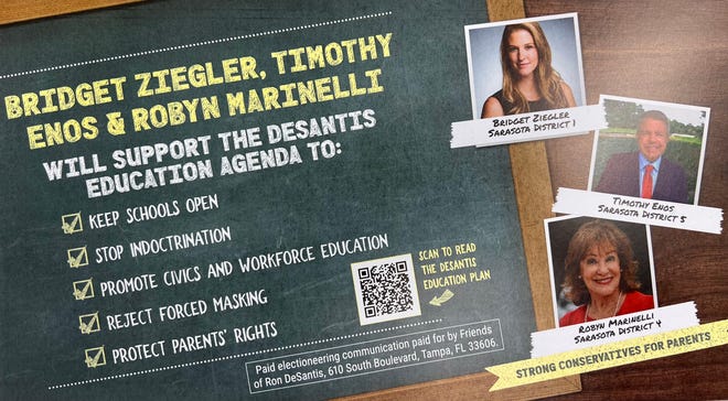This mailer supporting Sarasota County School Board candidates Tim Enos, Bridget Ziegler and Robyn Marinelli was paid for by Gov. Ron DeSantis' political committee, Friends of Ron DeSantis.