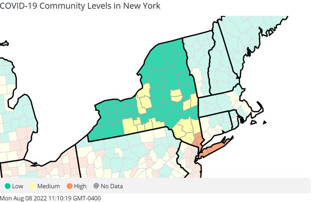COVID-19 community levels in New York by county.