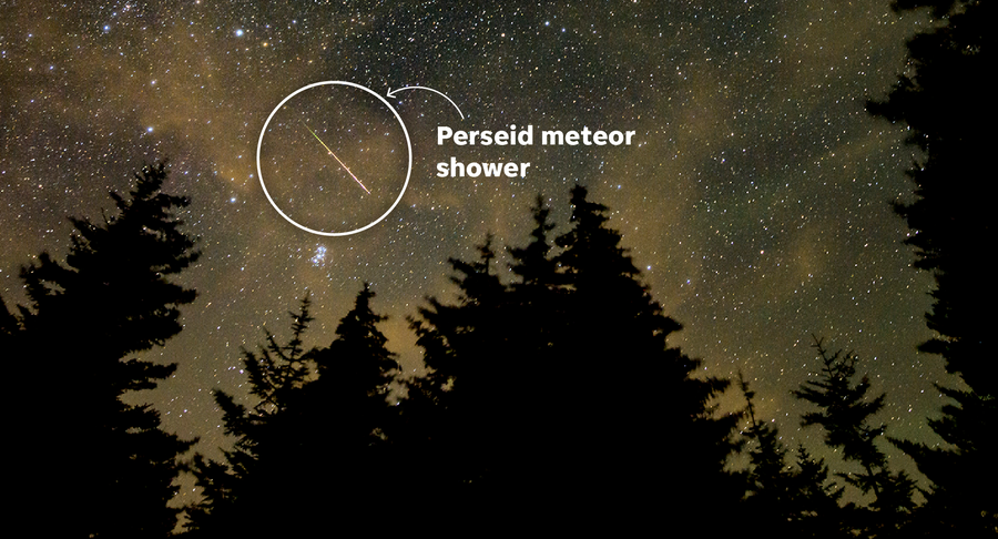 A meteor streaks across the sky during the annual Perseid meteor shower in Spruce Knob, W.Va.