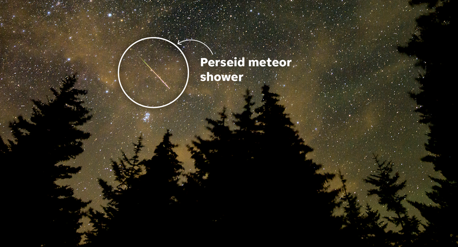 A meteor streaks across the sky during the annual Perseid meteor shower in Spruce Knob, West Virginia.