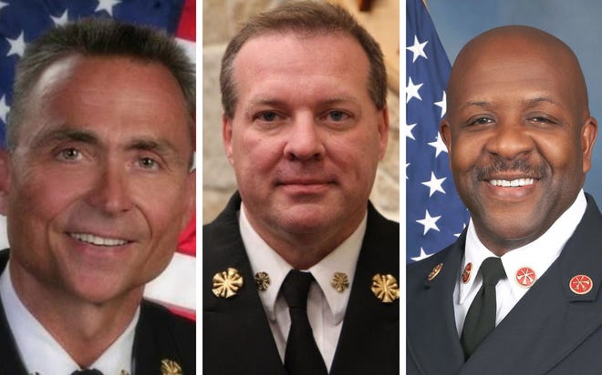 From left, Chris Riley, Brian Dunn and Clayton Farr Jr. are candidates to become the next Columbia fire chief.