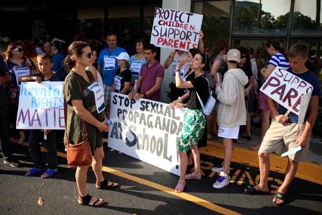 Supporters of the "Parental Rights in Education" bill are pictured in May at the Duval County Public Schools building in Jacksonville.