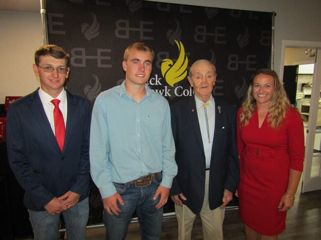 Recognized by the Black Hawk East Ag Alumni at their annual banquet were, from left, 2022 BHE graduate Chase Howell, BHE sophomore Blake Moeller, Professor Emeritus Eldon Aupperle and 2006 BHE graduate Kindra Callahan.
