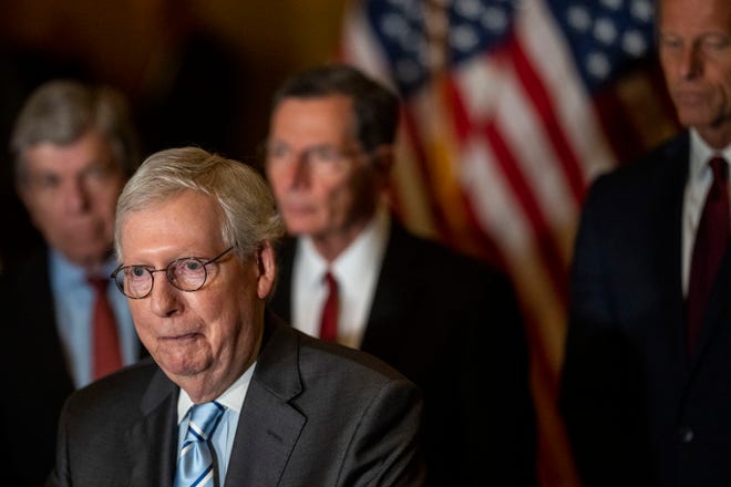 Senate Minority Leader Mitch McConnell, R-Ky., speaks during a news conference following policy luncheons on Capitol Hill on June 7, 2022, in Washington, D.C. (Kent Nishimura/Los Angeles Times/TNS)