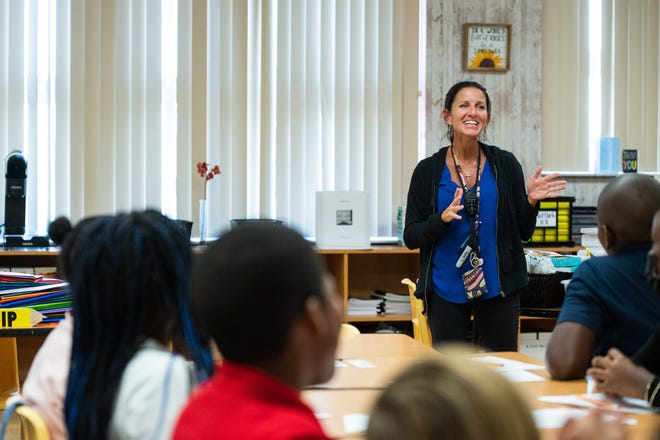 Hidden Oaks Elementary School 5th grade math teacher Michelle Gottlieb speaks to her homeroom class during the first day of school at Hidden Oaks Elementary School in Lake Worth, FL., on Wednesday, August 10, 2022.