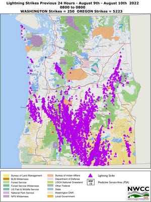 Map of lightning strikes across Oregon from Tuesday into Wednesday.