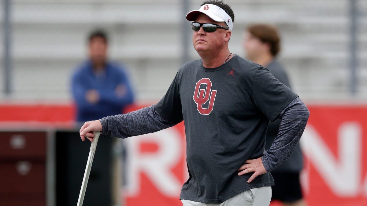 Oklahoma assistant coach Cale Gundy watches during the team's practice for the Alamo Bowl, Monday, Dec. 27, 2021, in San Antonio, Texas.