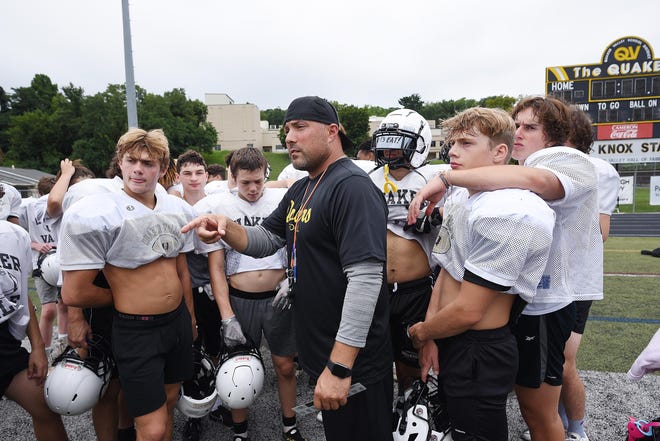 Quaker Valley coach Jason Cappa talks to his players  during practice, Wednesday, August 10 at Chuck Knox Stadium.