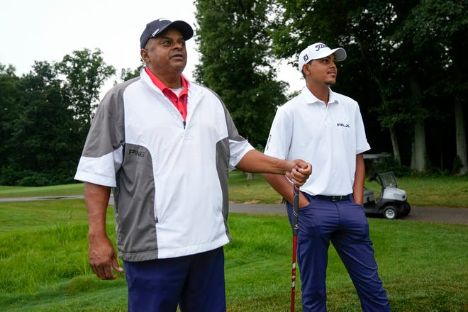 Aug 10, 2022; Delaware, OH, USA; Former Ohio State basketball star Troy Taylor golfs with his son, Troy Taylor II, at Delaware Golf Club. The Westerville South product who has qualified for the U.S. Amateur is preparing to start his final year at Michigan State. Mandatory Credit: Adam Cairns-The Columbus Dispatch