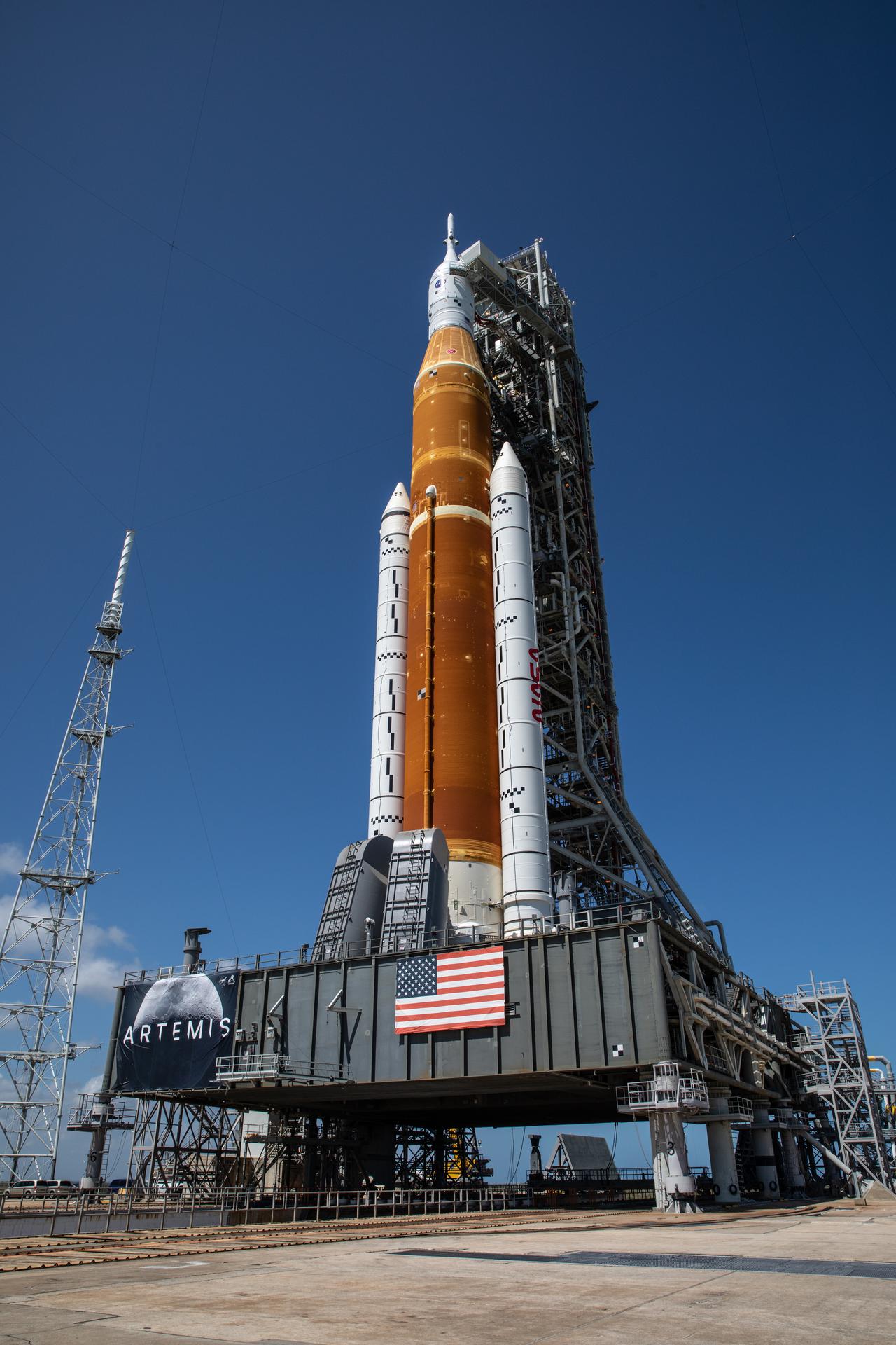 Standing atop the mobile launcher, NASA’s Space Launch System (SLS) rocket is photographed at Launch Pad 39B at the agency’s Kennedy Space Center in Florida on March 18, 2022.