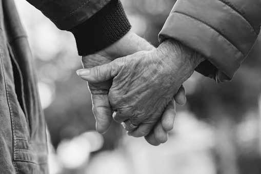 Close up of elderly couple holding hands and walking outdoors. Rear view of man and woman holding hands of each other while walking outdoors.