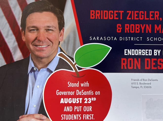 Florida's Aug. 23 primary is partly a referendum on Gov. Ron DeSantis, who has endorsed in a number of down ballot races. His political committee even paid for this mailer and others supporting school board candidates.