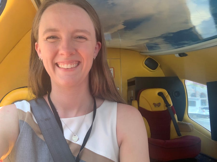 A selfie inside the Wienermobile during our ride.
