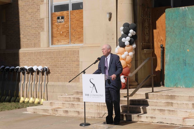 Kent Hance, president of KRS Housing LLC, speaks Friday morning about his company's kickoff of its revitalization of the historic St. Anthony's hospital to senior apartments near downtown Amarillo.