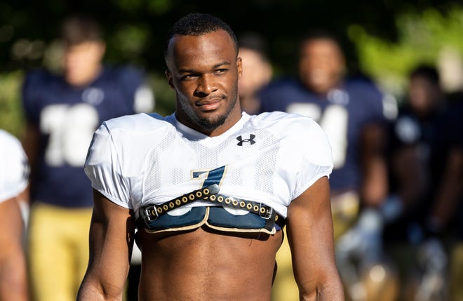 Notre Dame's Isaiah Foskey prior to Notre Dame Fall Practice on Friday, August 12, 2022, at Irish Athletics Center in South Bend, Indiana.