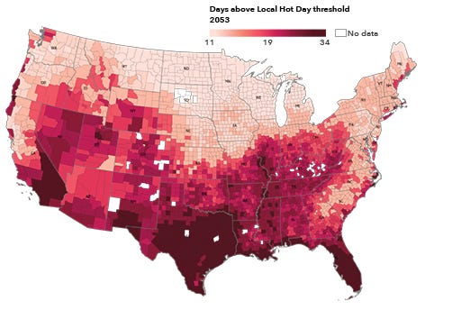 This map shows an increasing number of hot days in communities nationwide in 2053.