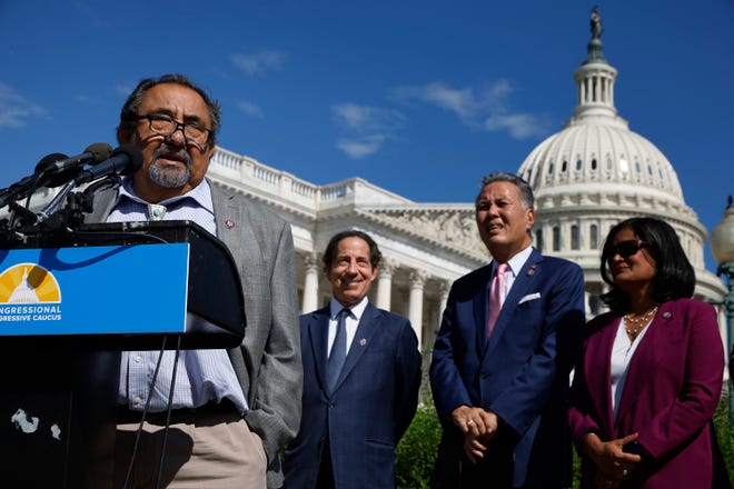 Rep.  Raul Grijalva, D-Ariz., and fellow members of the House Progressive Caucus hold a press conference ahead of Friday's vote on the 2022 Inflation Reduction Act.