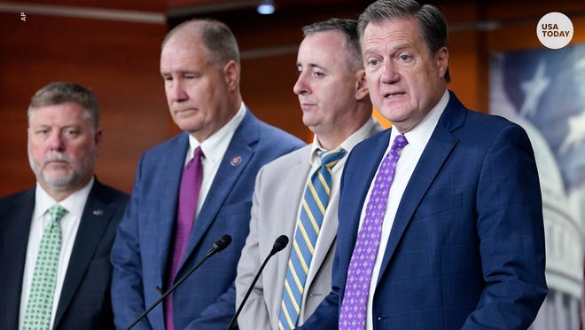Rep. Mike Turner, R-Ohio, second from right, a member of the House Intelligence Committee, speaks during a news conference on Capitol Hill in Washington, Friday, Aug. 12, 2022, on the FBI serving a warrant of search at the home of former President Donald Trump in Florida.Turner is joined by, from left, Rep. Rick Crawford, R-Ark., Rep. Trent Kelly, R-Miss., Rep. Brian Fitzpatrick, R -Pa., and Representative Elise Stefanik, RN.Y.  (AP Photo/Susan Walsh)