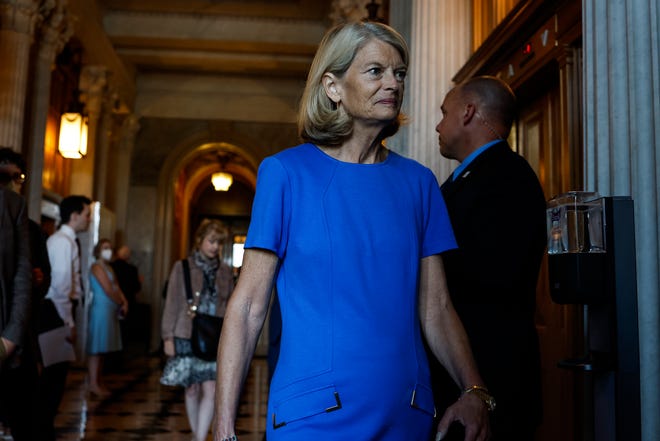 Sen. Lisa Murkowski (R-AK) walks to the Senate Republican Luncheon in the U.S. Capitol Building on August 02, 2022 in Washington, DC.