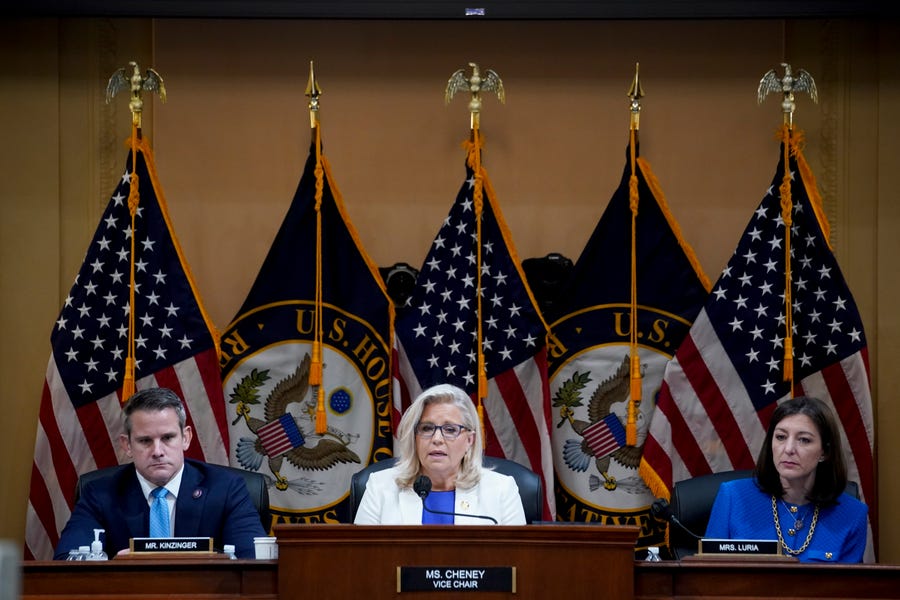Vice Chair Liz Cheney, R-Wyo., center, joined by Rep. Adam Kinzinger, R-Ill., left, and Rep. Elaine Luria, D-Va., speaks as the House select committee investigating the Jan. 6 attack on the U.S. Capitol holds a hearing at the Capitol in Washington, Thursday, July 21, 2022.