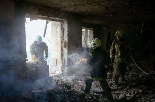Firefighters put out the fire in a destroyed house following a shelling in Bakhmut, Donetsk region on August 13, 2022, amid the Russian military invasion of Ukraine. (Photo by ANATOLII STEPANOV / AFP) (Photo by ANATOLII STEPANOV/AFP via Getty Images) ORIG FILE ID: AFP_32GG7EC.jpg