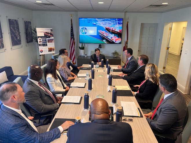 U.S. Rep. Marco Rubio, R-Fla., at top, met Monday with executives from Jacksonville transportation companies for a roundtable discussion at the JaxPort headquarters building about supply chain challenges.