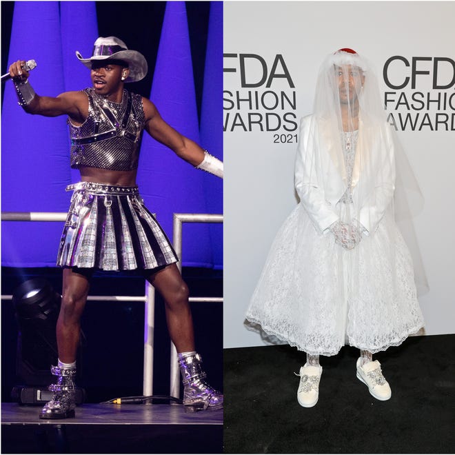 Men such as Lil Nas X, left, and Kid Cudi are increasing embracing genderfluidity in their fashion choices.  Lil Nas X wore a metallic silver plaid skirt during his iHeartRadio Jingle Ball performance in December, while Kid Cudi rocked a wedding dress-inspired outfit on the red carpet at the CFDA Fashion Awards in November.