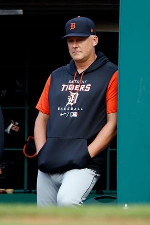Tigers manager A.J. Hinch watches from the dugout during the first inning on Tuesday, Aug. 16, 2022, in Cleveland.