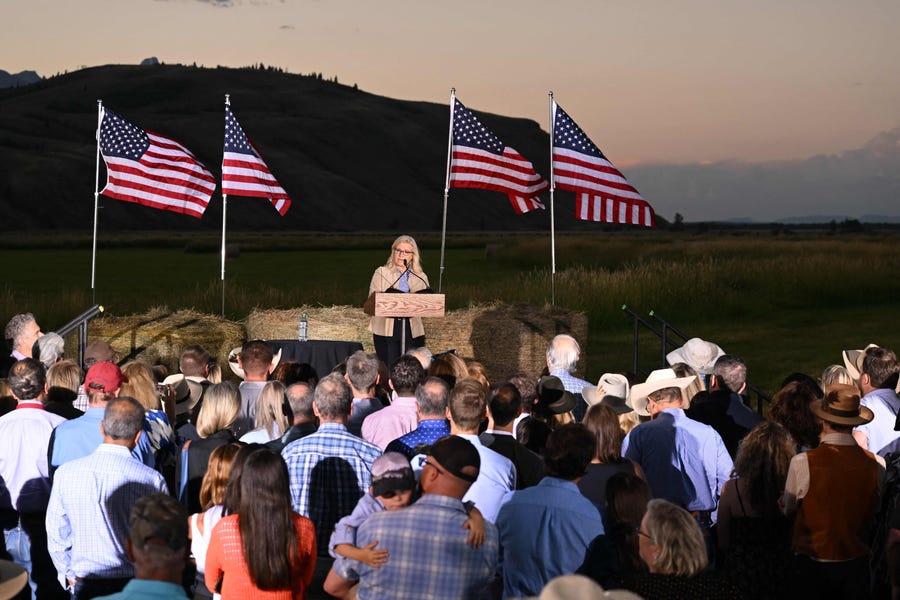 Rep. Liz Cheney speaks to supporters at an event during the Wyoming primary election at Mead Ranch in Jackson, Wyoming, on Aug. 16, 2022. Cheney lost her U.S. House to Trump-backed Harriet Hageman, in the latest signal of her party's disavowal of traditional conservatism in favor of Trump's election-denying movement.