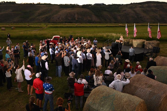 US Representative Liz Cheney (R-WY) speaks to supporters at an election night event during the Wyoming primary election at Mead Ranch in Jackson, Wyoming on August 16, 2022.