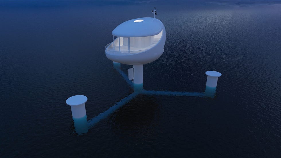 A rendering of a Seapod. The Seapod as 3 half floors, 833 sq. feet of living space and sits 7.5 feet above the waves. The exterior will have a mirror-like finish and is made of fiberglass, gel coat and foam.
All windows have a special UV tint on them for privacy and to help reduce interior heating.