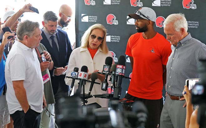 Browns owners Jimmy and Dee Haslam and GM Andrew Berry speak to the media about Deshaun Watson's 11-game suspension during a press conference, Thursday, Aug. 18, 2022, in Berea.