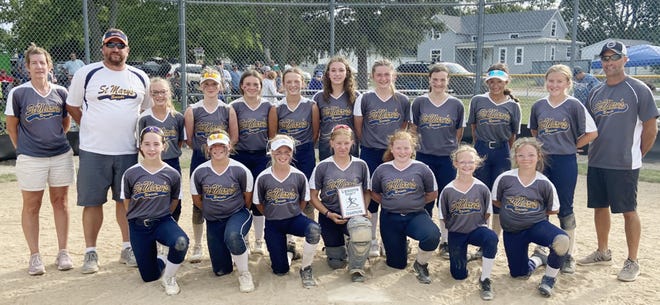 St. Mary's rolled through its three opponents in winning the Livingston County Tournament title last weekend. The Saints are, in front from left, Chloe Cox, Mallory Masching, Courtney Krause, McKenna Woodcock, Tiffany Legner, Adalyn Pulliam and Brenna Burgess-Lang. In back are Coach Jill Francis, Coach Jake Krause, Izzy Hinz, Payton Rogers, Nevaeh Vogt, Bevin Brummel, Trinity Cheek, Olivia Miller, Carley Vitzthum, Alexis Legner, Harper Francis and Coach Brian Masching.