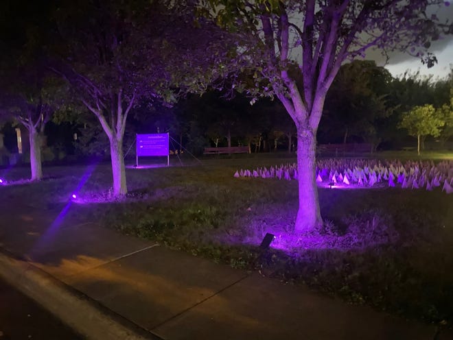The memorial at Yoctangee park is lit up purple at night. Behind the trees are the flags representing all of the overdoses in Ross Count last year.