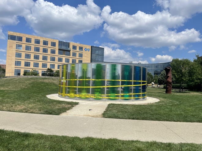 The Olafur Eliasson sculpture "panoramic awareness pavilion" was vandalized overnight Wednesday at the Pappajohn Sculpture Park in Des Moines. In total, six glass panels were shattered.