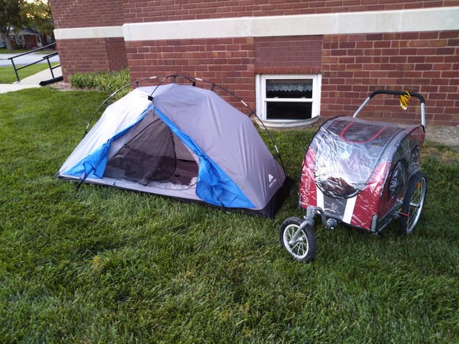 The tent and cart Pascha Morgan used on his 2019 walk from Iowa to Texas to protest the treatment of immigrants at the southern U.S. border.