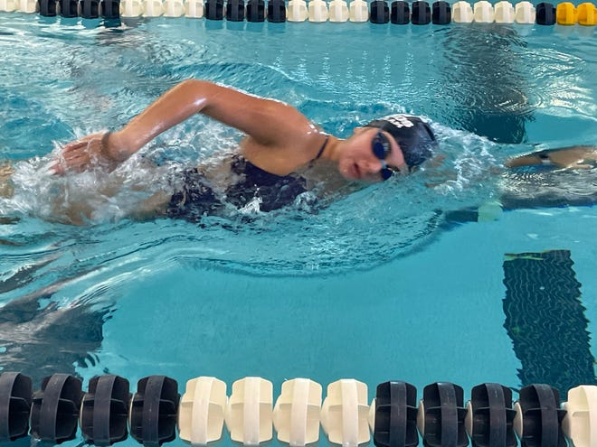 Marysville's Alison Jainer swims during a practice at Marysville High School on Wednesday. Jainer was one that Vikings' 200- and 400-meter relay teams that qualified for the state meet last season.