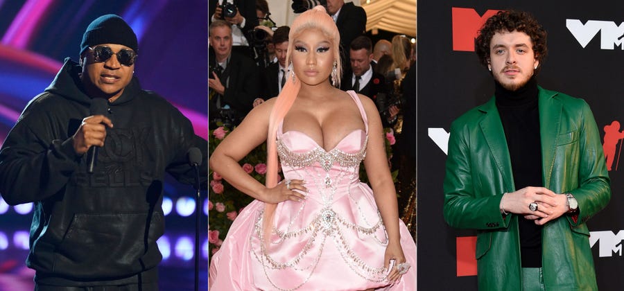 This combination of photos show LL Cool J hosting the iHeartRadio Music Awards in Los Angeles on March 22, 2022, left, Nicki Minaj at The Metropolitan Museum of Art's Costume Institute benefit gala in New York on May 6, 2019, center, and Jack Harlow at the MTV Video Music Awards in New York on Sept. 12, 2021. The rappers will host the MTV Video Music Awards on Aug. 28.