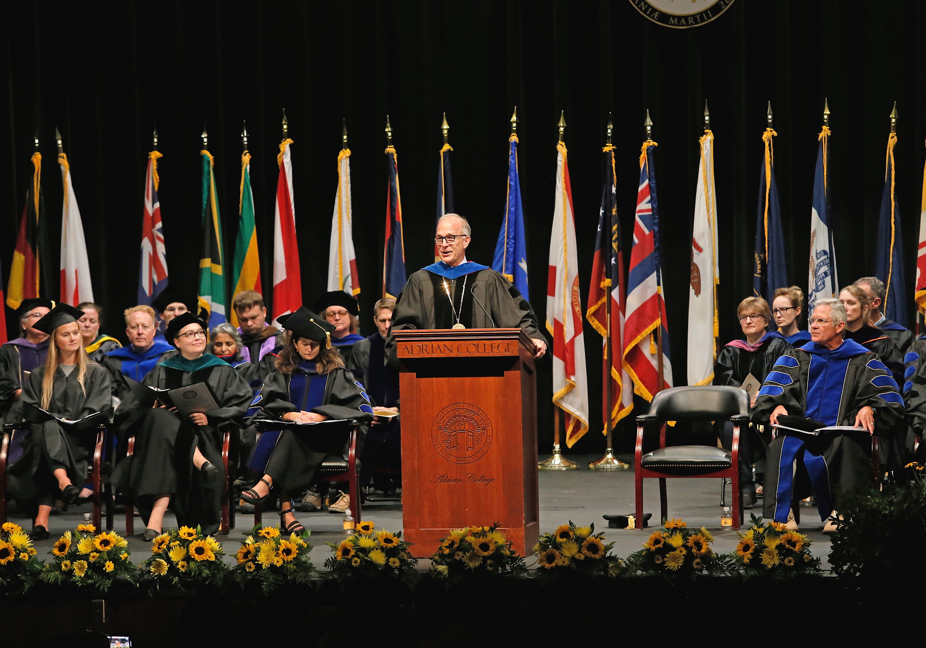Adrian College President Jeffrey Docking addresses students and parents of the Class of 2026 during the college's annual matriculation ceremony, Sunday, Aug. 14, 2022, in Dawson Auditorium.