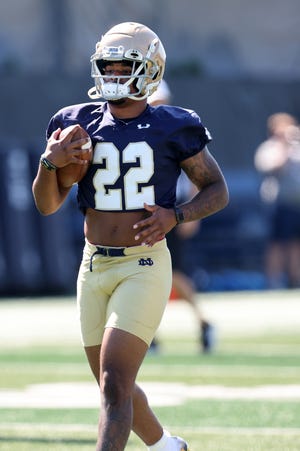 Notre Dame running back Logan Diggs participates in full-contact drills for the the first time during fall practice Friday, August 19, 2022.