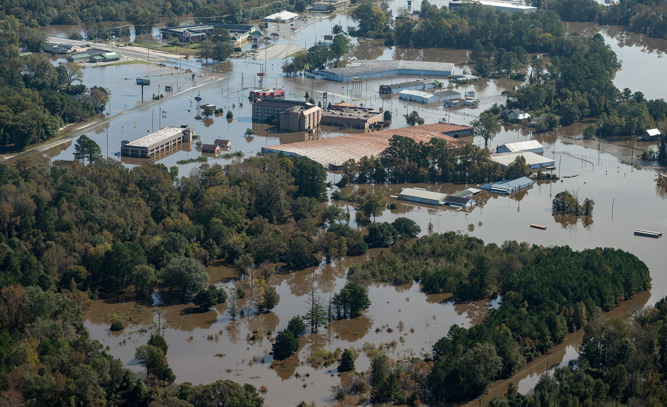 Floodwaters from Hurricane Matthew inundate Kinston, N.C., on Oct. 16, 2016. Many areas flooded by Matthew would again be flooded by Hurricane Florence two years later.