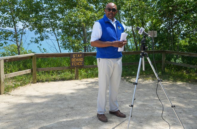 DNR Secretary Preston Cole speaks at the announcement of state funding for the Ozaukee-Washington Land Trust to acquire the Cedar Gorge Clay Bluffs Preserve along Lake Michigan, on Aug. 18, 2022, at the nearby Lion's Den Gorge Nature Preserve.  On Friday, Cole announced his retirement on November 23.