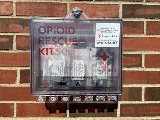 An opioid rescue kit is mounted on the east wall of Richmond's Fire Station 1, 101 S. Fifth St., near the drink vending machine.