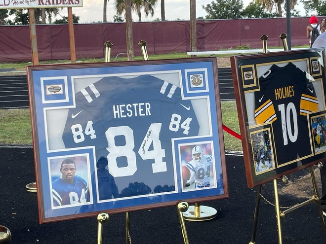 Memories of former NFL wide receiver and Glades Central head coach Jessie Hester are displayed during Friday's ceremony to honor the inaugural Muck City Hall of Fame class in Belle Glade.