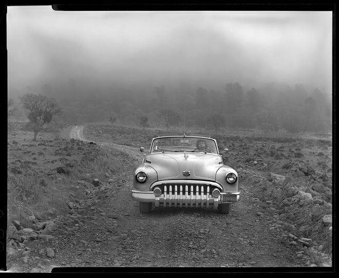 Bruce Berman met the driver of this 1953 Buick outside a cafe in California. Berman wanted to shoot the car and the driver offered to drive him out into the Mendocino Forest where Berman used a large format, long bellows camera with a black cloth over the back to shoot the man and his car as the fog rolled in.