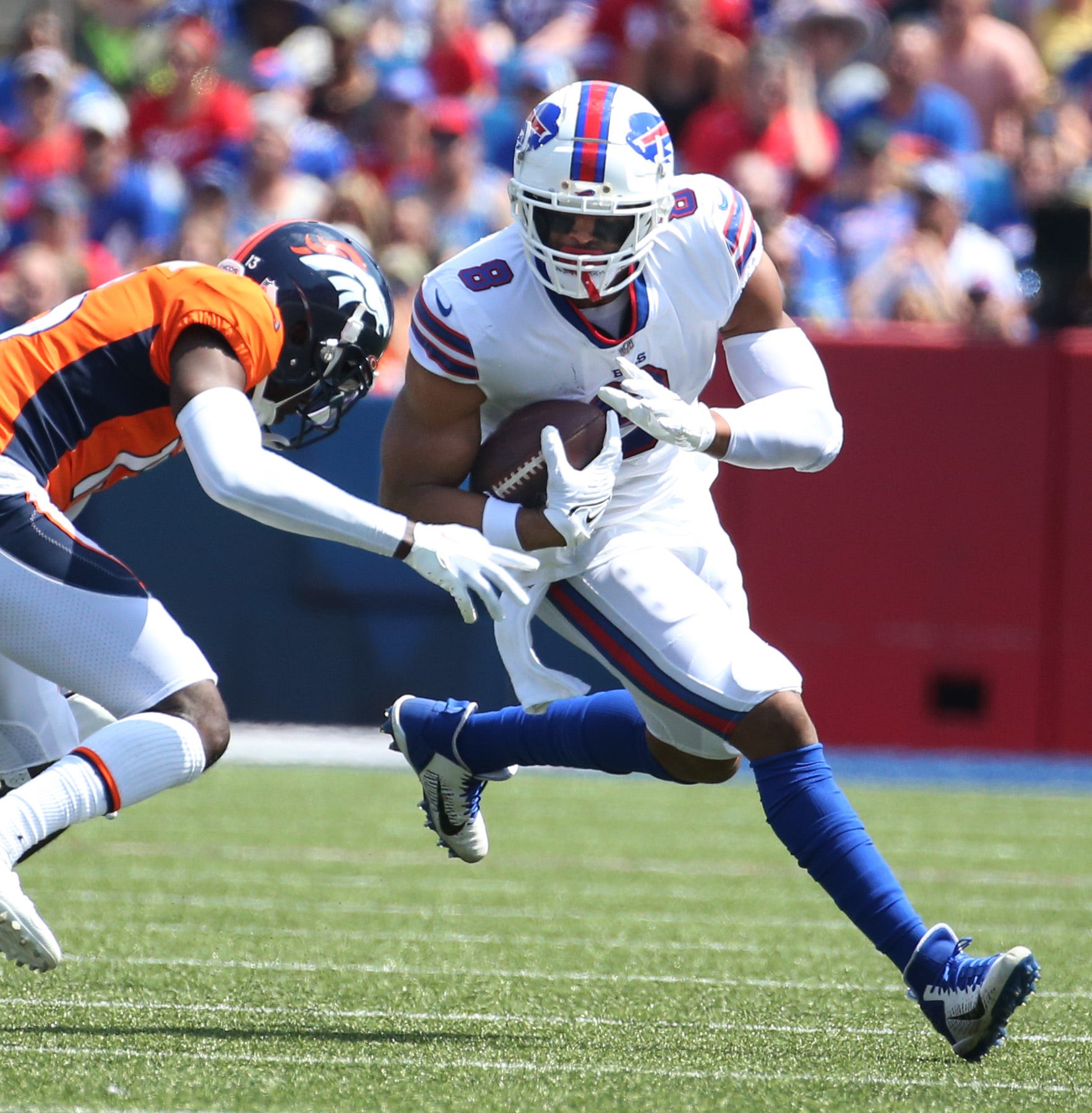 Bills tight end O.J. Howard runs for yards after the catch during the Bills preseason game against Denver Saturday, Aug. 20, 2022 at Highmark Stadium. Buffalo won the game 42-15.